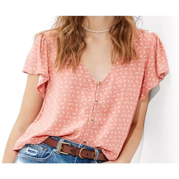 Pink floral ruffle flutter sleeve babydoll blouse coquette cottagecore fairy - Picture 1 of 6